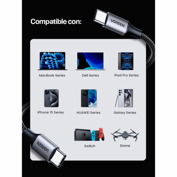 Ugreen Cable de carga rapida reforzado USB-C a USB-C, soporta hasta 60W (Black) - Image 2