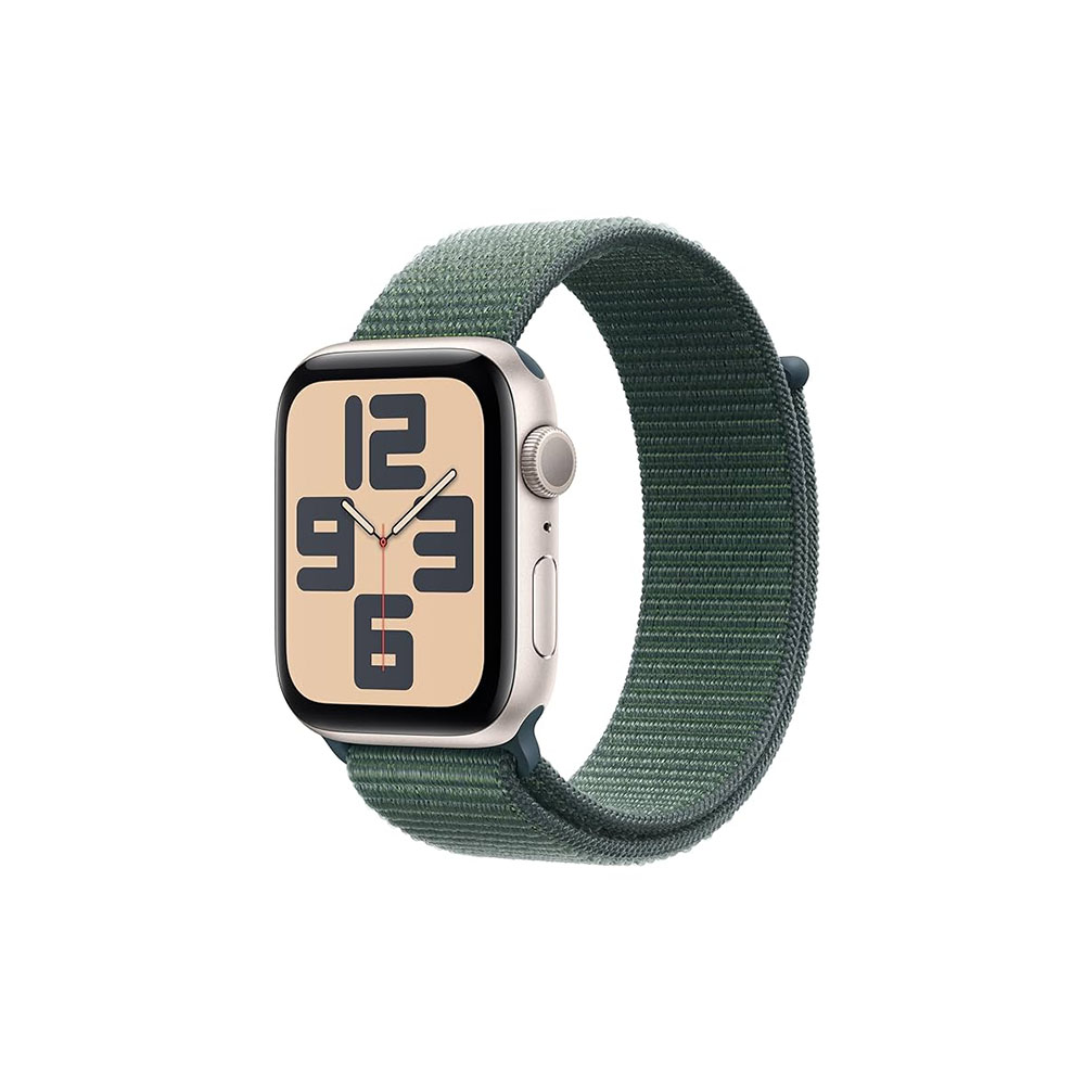 Apple Watch SE 2nd Gen 44mm, GPS Starlight Aluminum Case with Lake Green Sport Loop One Size.